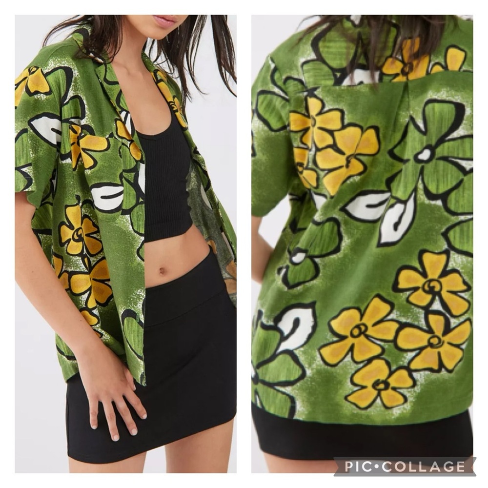 EUC UO BDG Dylan Green Floral Souvenir Button Down Linen Shirt